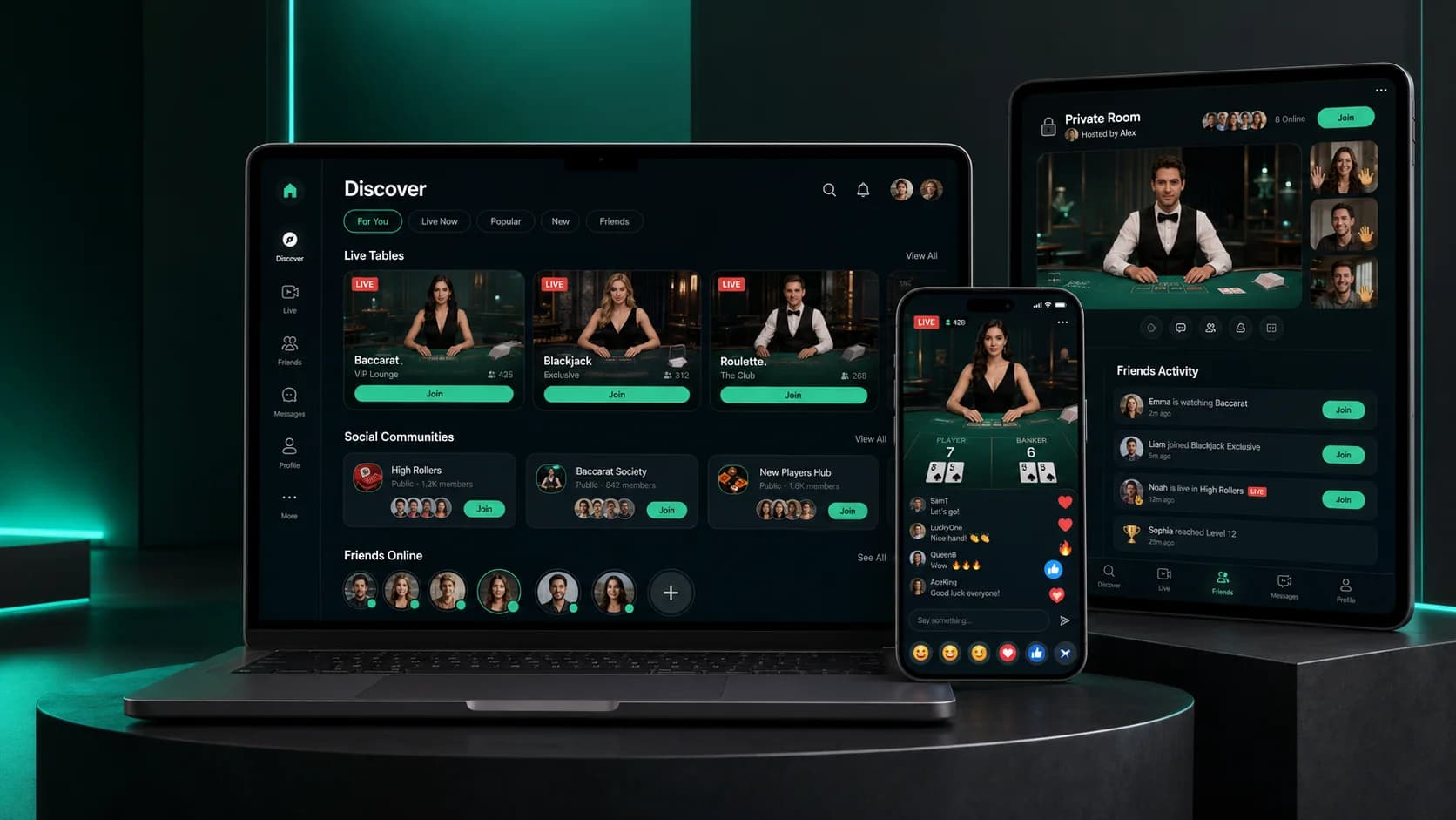 LC App concept interface shown across laptop, tablet and mobile devices.