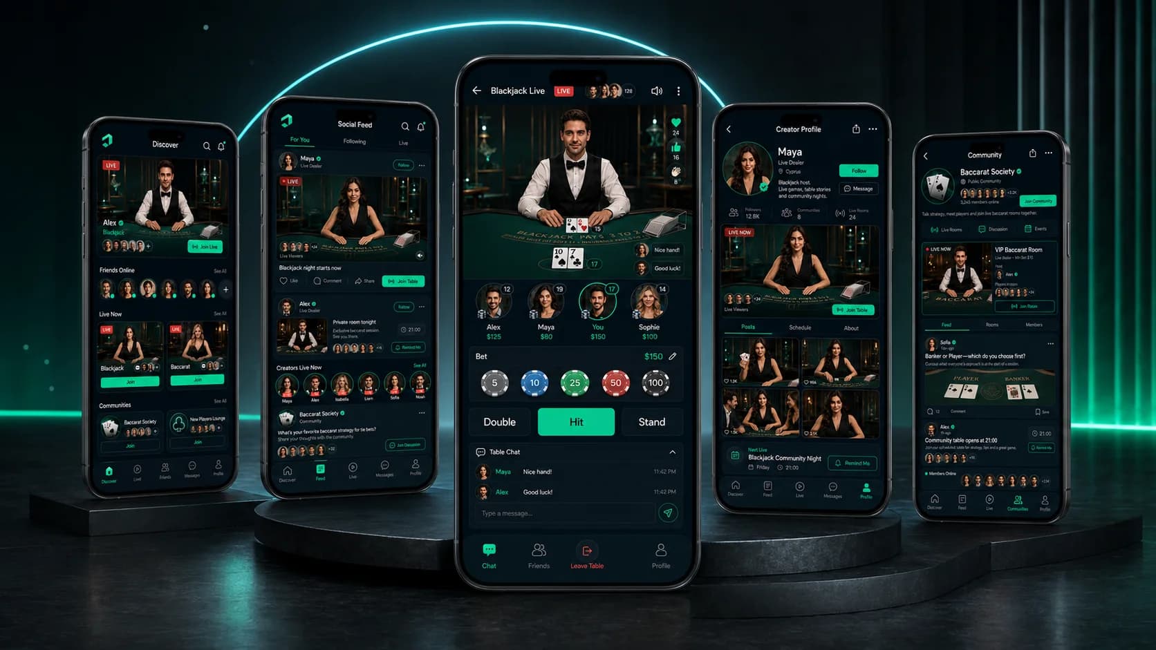 LC App concept interface showing five mobile product screens on dark podiums.