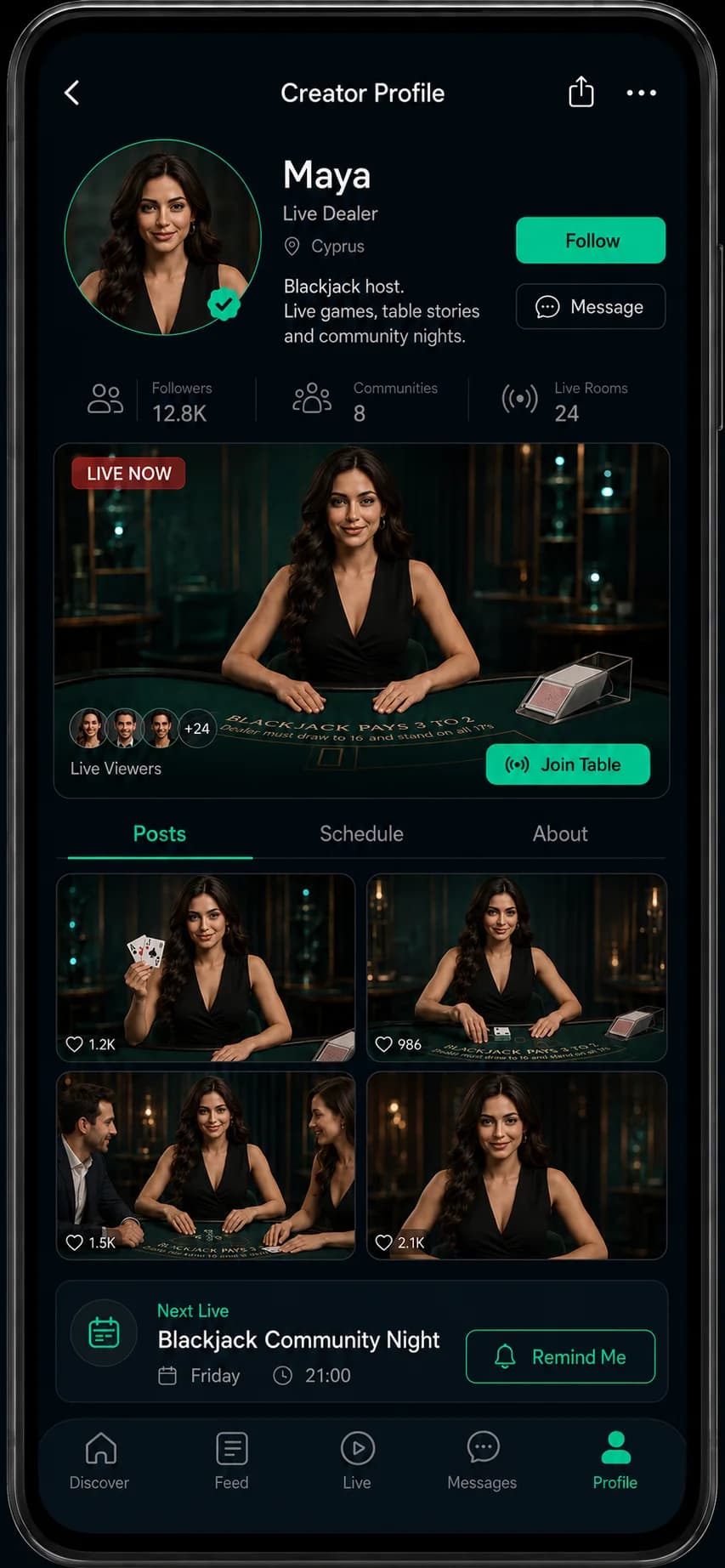 LC App concept interface showing a creator profile for Live Casino experiences.
