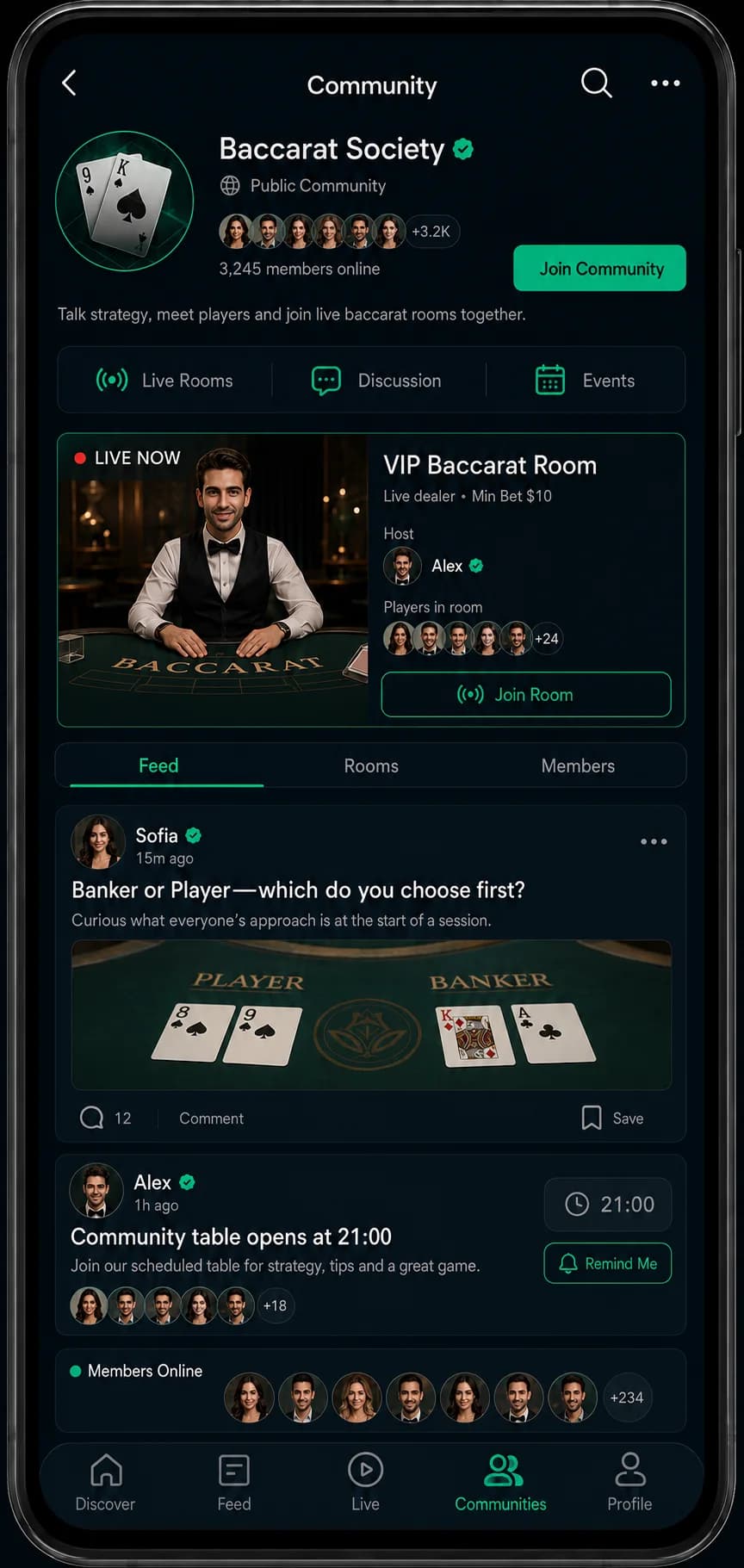 LC App concept interface showing a Live Casino social feed.