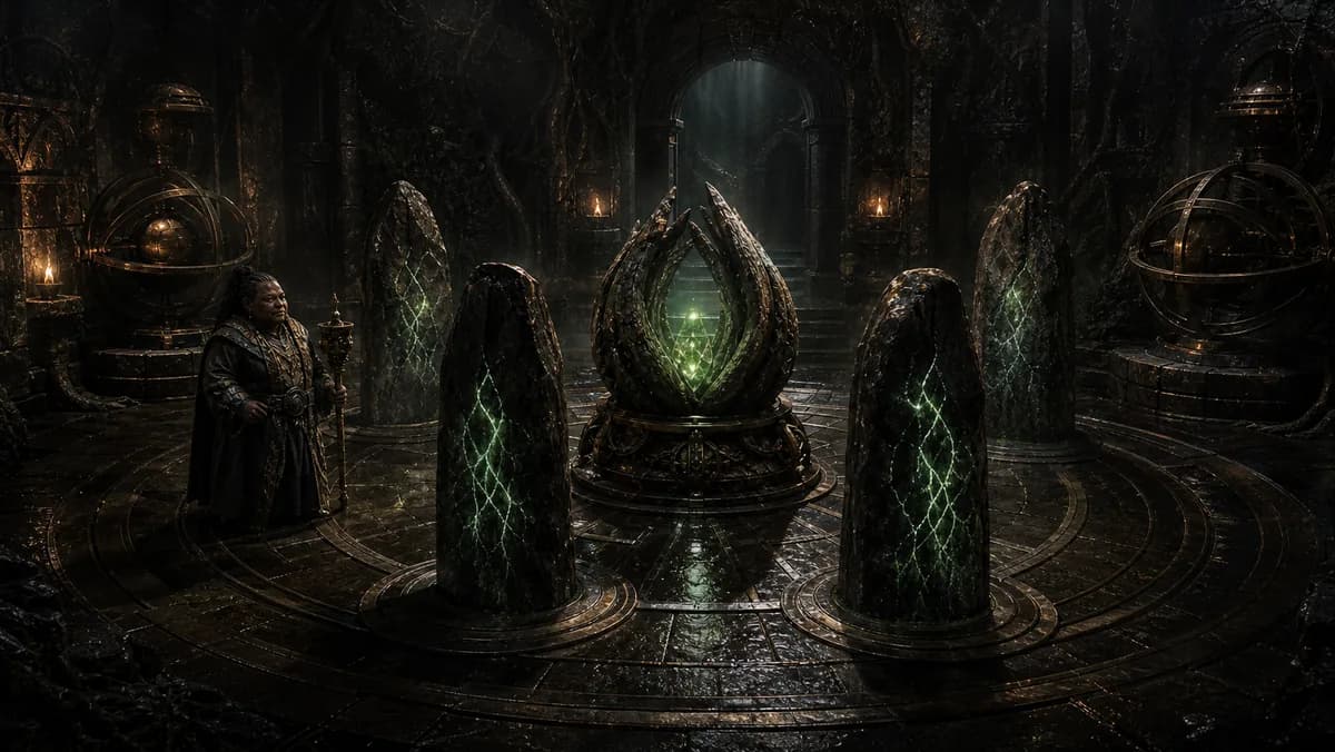 ELEMENTALS Earth Realm visual exposition with stone pillars and green elemental energy.