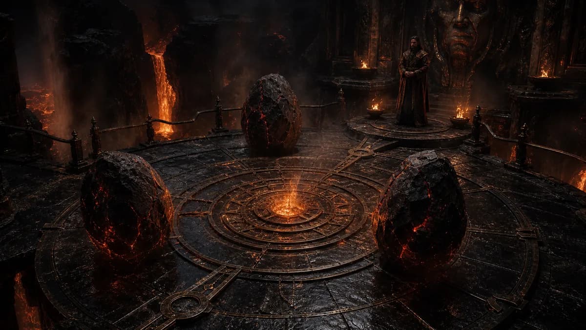 ELEMENTALS Fire Realm visual exposition with volcanic stone and ritual fire.