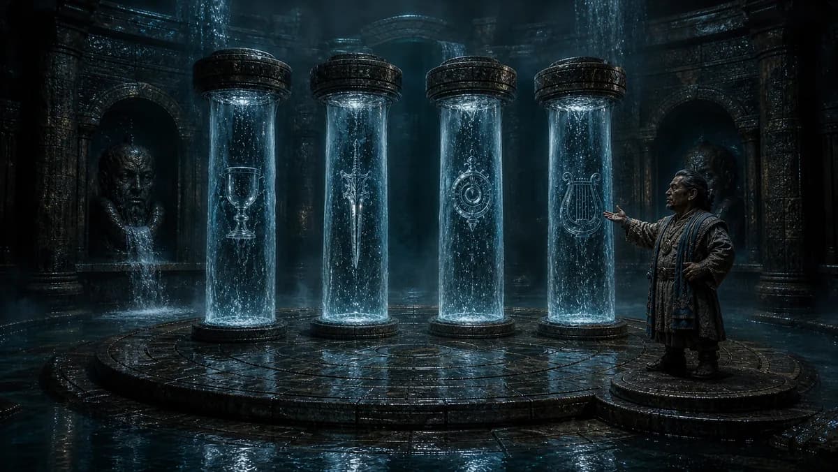 ELEMENTALS Water Realm visual exposition with water columns and ceremonial symbols.